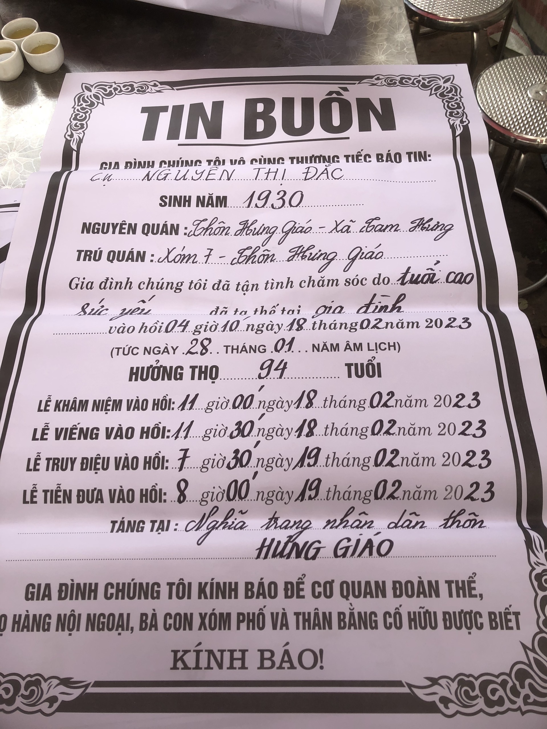 Cáo phó cụ Nguyễn Thị Đắc