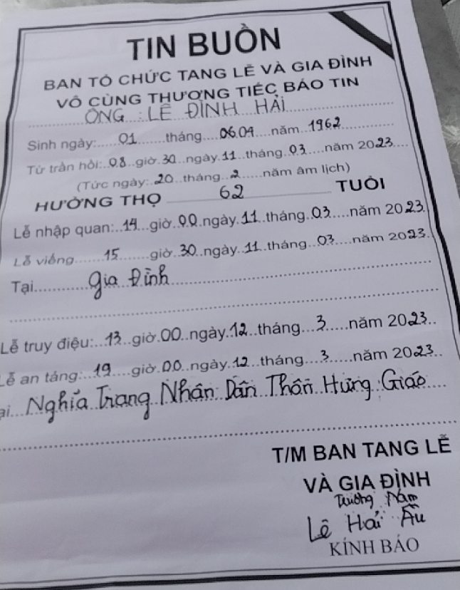 Cáo phó cụ Lê Đình Hải
